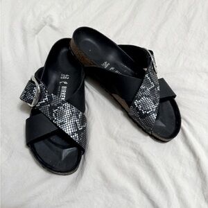 Birkenstock Siena Big Buckle Leather Sandal Black Silver Sz 42 Like New